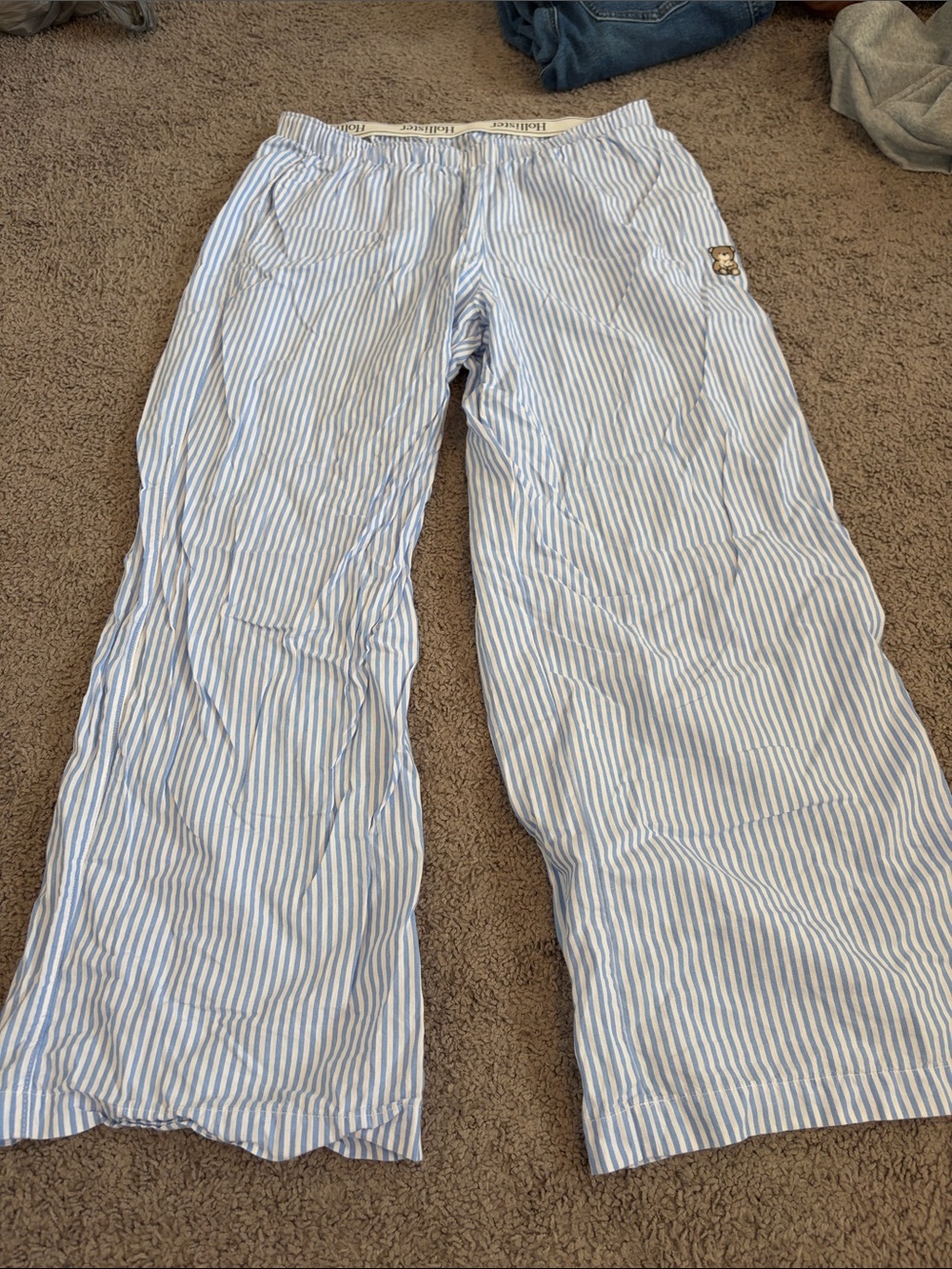 Hollister Light Blue and White Striped Lounge Pants with Teddy Patch